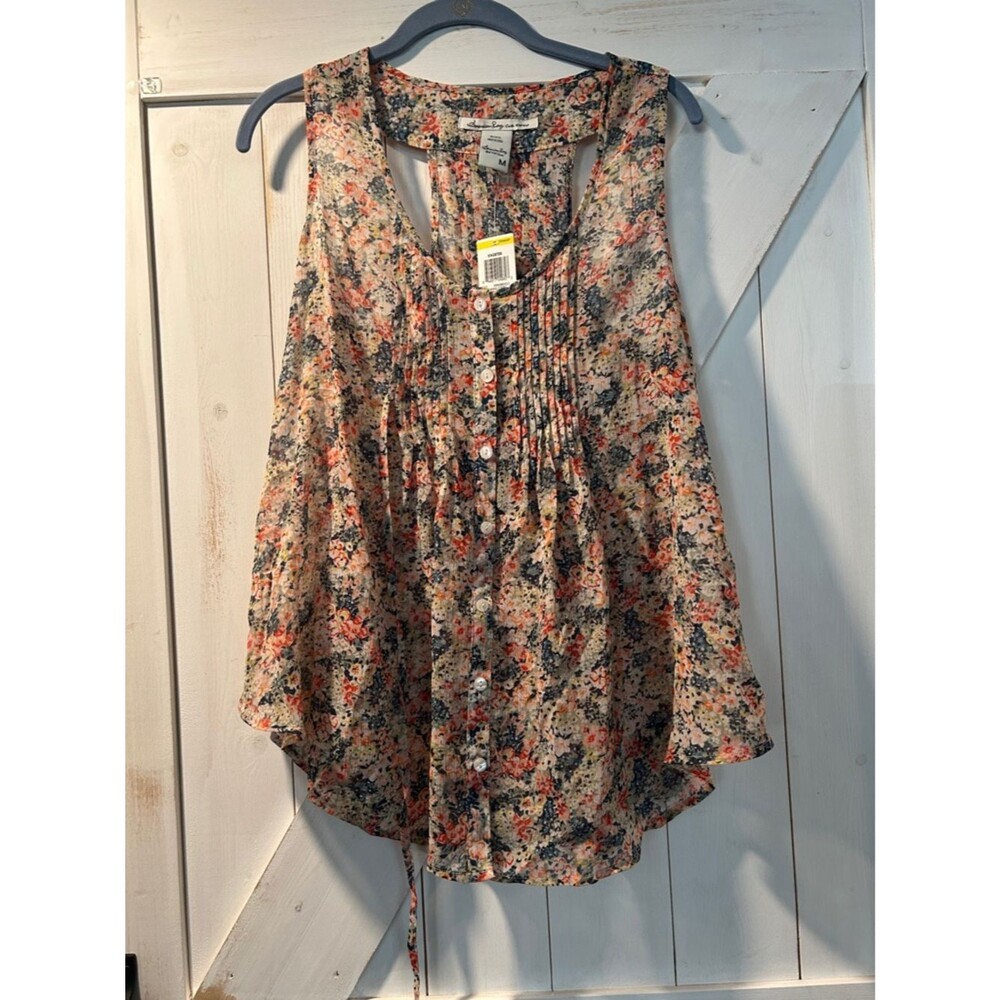 American Rag NWT Floral Pintuck Button-Front Camisole Medium Racerback Pleated